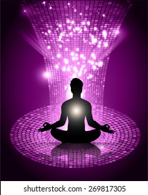 man meditate purple Light radius Abstract graphic Technology background, yoga.