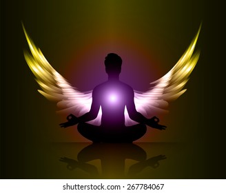 man meditate purple yellow abstract radius background, yoga. angel wings