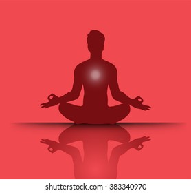 man meditate red abstract background, yoga.