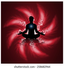 man meditate red abstract radius background, yoga.
