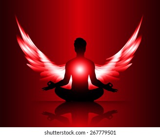 man meditate red abstract radius background, yoga. angel wings