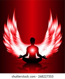 man meditate red abstract radius background, yoga. angel wings