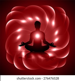 man meditate red abstract radius background, yoga.