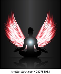 man meditate red abstract radius background, yoga. angel wings