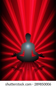 man meditate red abstract radius background, yoga. aura beam ray background