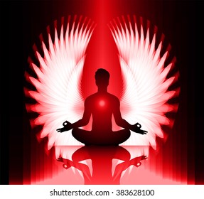 man meditate red abstract radius background, yoga. angel wings