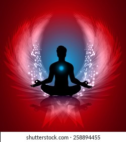 man meditate red blue abstract radius background, yoga. angel wings