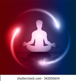 man meditate red blue abstract radius background, yoga.