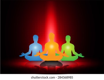 man meditate red grow light abstract background, yoga. beam. ray.