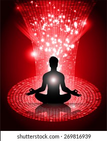 man meditate red Light radius Abstract graphic Technology background, yoga.