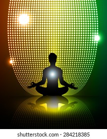 man meditate red yellow green light abstract background, yoga.