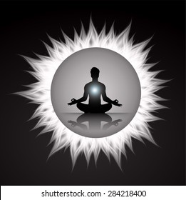 man meditate sun black  background, abstract ray radius background