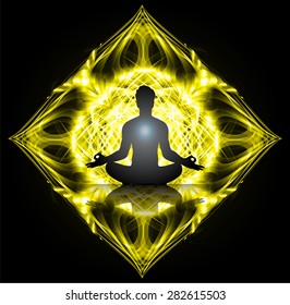 man meditate yellow abstract background, yoga.
