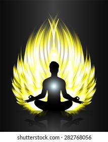 man meditate yellow abstract fire background, yoga.