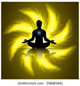 man meditate yellow abstract radius background, yoga.