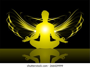 man meditate yellow abstract radius background, yoga. angel wings