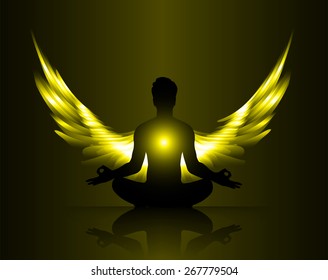 man meditate yellow abstract radius background, yoga. angel wings