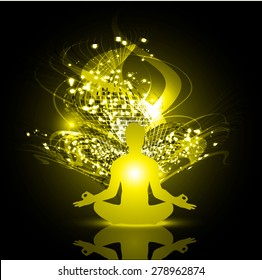 man meditate yellow abstract radius background, yoga.