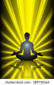 man meditate yellow abstract radius background, yoga. aura beam ray background
