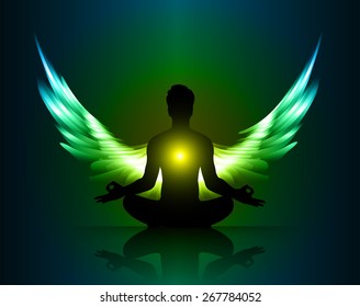 man meditate yellow blue abstract radius background, yoga. angel wings