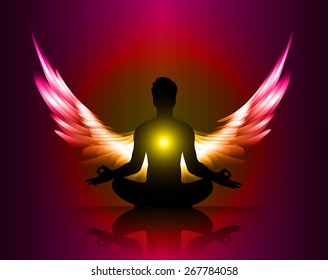 man meditate yellow purple abstract radius background, yoga. angel wings