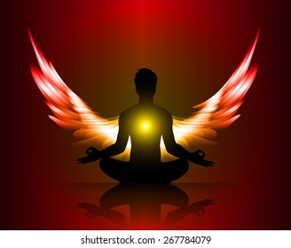 man meditate yellow red abstract radius background, yoga. angel wings