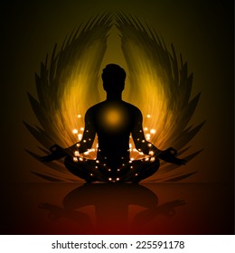 man meditate, yoga. Angel Wings. blue background.