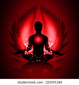 man meditate, yoga. Angel Wings. blue background.