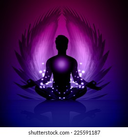 man meditate, yoga. Angel Wings. blue background.