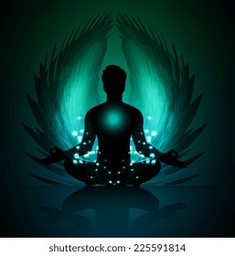 man meditate, yoga. Angel Wings. blue background.