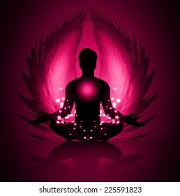 man meditate, yoga. Angel Wings. blue background.