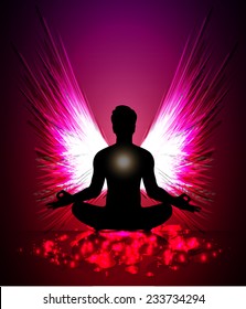 man meditate, yoga. Angel Wings. purple abstract background. 