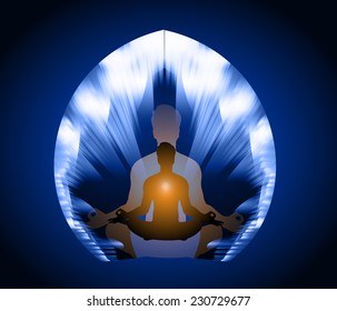 man meditate, yoga. blue abstract background.