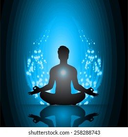 man meditate, yoga. blue background.