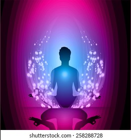 man meditate, yoga. blue purple background.