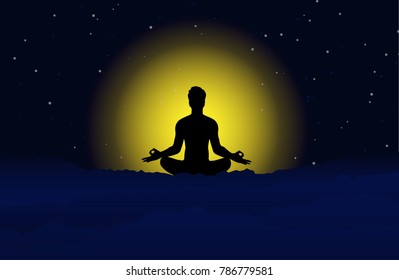 man meditate, yoga. Buddhist Hindu meditation. paper art, moon night