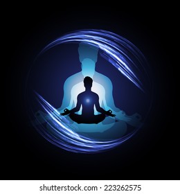 man meditate, yoga, Dark blue background. 