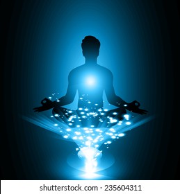 man meditate, yoga. dark blue color background. 