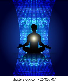 man meditate, yoga. dark blue abstract background. pixel. Table, Mosaic 