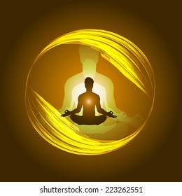 man meditate, yoga, dark yellow background. 