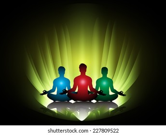 man meditate, yoga. green radius abstract background. 
