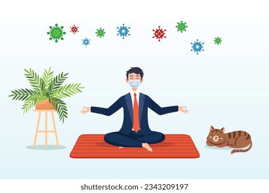Man meditate and yoga at home to stay calm, COVID-19 virus around, stay calm at home by meditation or yoga in social distancing self isolation in COVID-19 Coronavirus outbreak lockdown (Vector)