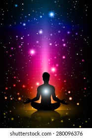 man meditate, yoga. on blue red orange sky background. star