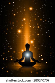 man meditate, yoga. on orange sky background. star