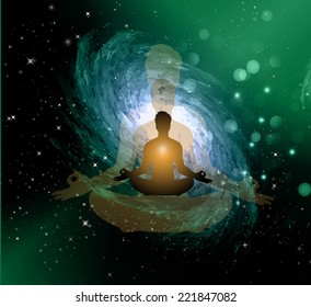 man meditate, yoga. on star galaxy background.