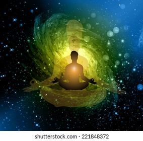 man meditate, yoga. on star galaxy background.