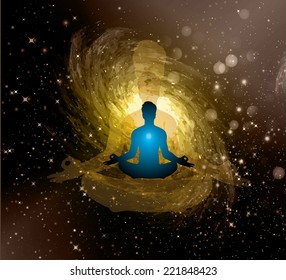 man meditate, yoga. on star galaxy background.