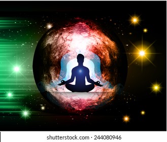 man meditate, yoga. on star galaxy background.