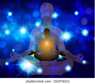 man meditate, yoga. on star galaxy background.