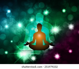 man meditate, yoga. on star galaxy background.